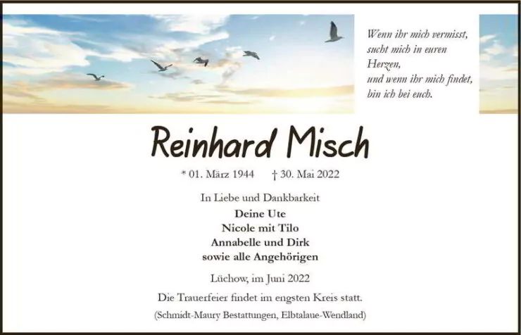 Traueranzeige Reinhard Misch